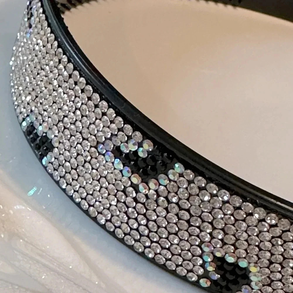 Black and White Animal Print Crystal Rhinestone Headband Wide & Flat with Combs - Picture 4 of 5